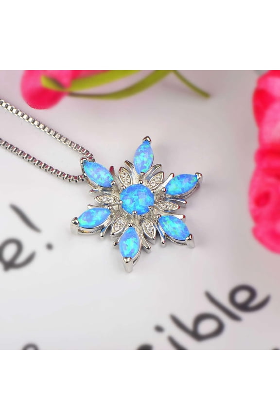 Blue Opal Snowflake Necklace,Simple Birthstone Personalized Medallion Necklace