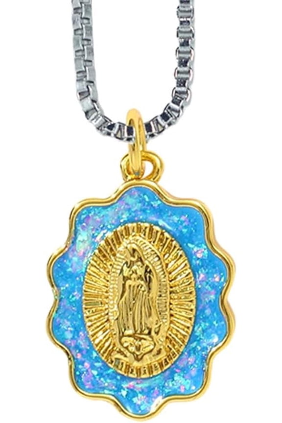 Blue Opal Virgin Mary Necklace Cadena Virgen De Mary Salvation Necklace,Birthstone Medallion Necklace