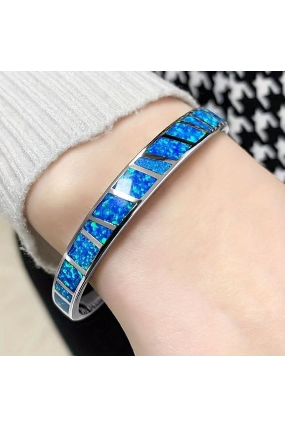 Blue Opal White Gold Plated Bracelet Open Cuff Bangle Birthstone Bracelet,Adjustable Bracelet