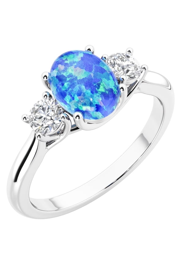 Blue Opal and Lab Grown Diamond 3-Stone Trellis Ring 14K Gold 1.30 Carats Oval