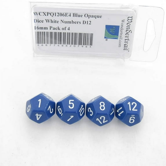 Blue Opaque Dice with White Numbers D12 Aprox 16mm (5/8in) Pack of 4 Wondertrail