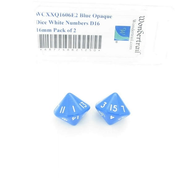 Blue Opaque Dice with White Numbers D16 Aprox 16mm (5/8in) Pack of 2 Wondertrail