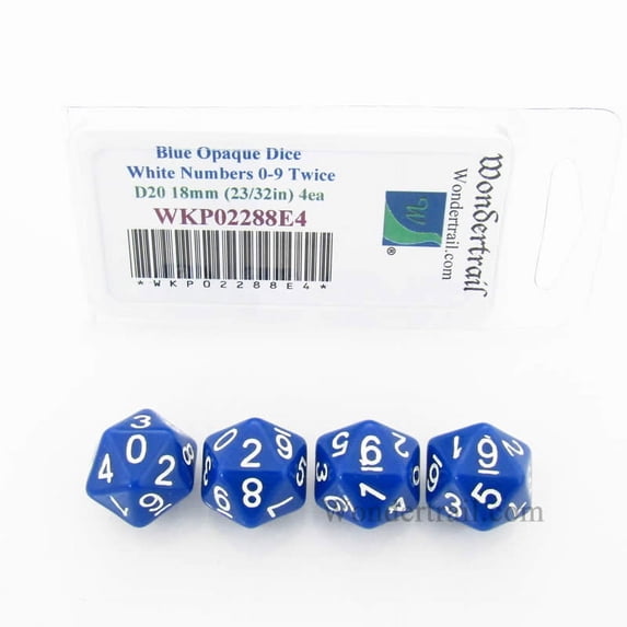 Blue Opaque Dice with White Numbers D20 (0 - 9 Twice) 18mm (23/32in) Pack of 4 Wondertrail