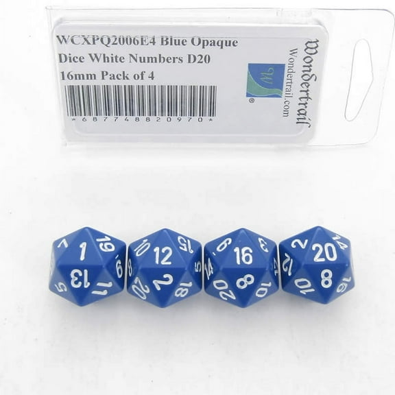Blue Opaque Dice with White Numbers D20 Aprox 16mm (5/8in) Pack of 4 Wondertrail
