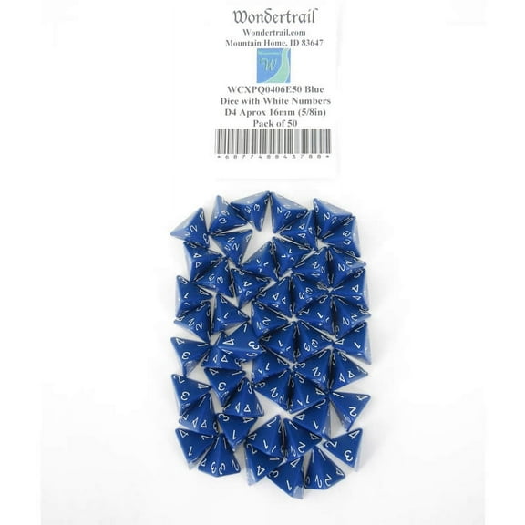 Blue Opaque Dice with White Numbers D4 Aprox 16mm (5/8in) Pack of 50 Wondertrail