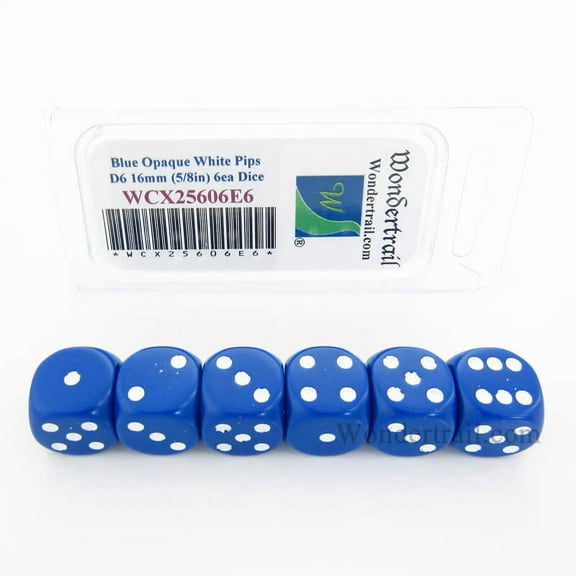 Blue Opaque Dice with White Pips D6 16mm (5/8in) Pack of 6 Wondertrail