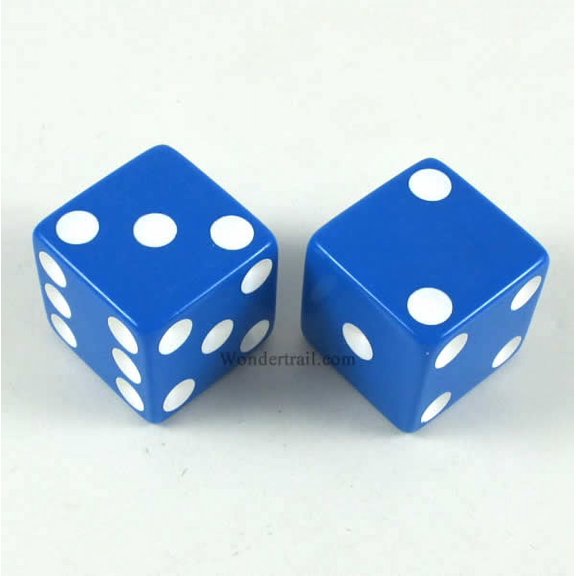 Blue Opaque Dice with White Pips D6 25mm (1in) Pack of 2 Koplow Games