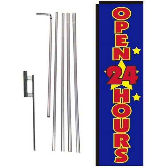 Blue Open 24 Hours Rectangle Feather Banner Flag with Pole Kit and Ground Spike for Outdoor Advertising, Large Signs for Businesses