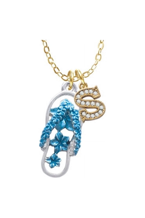 Blue Open Plumeria Flower Flip Flop - S - Gold Tone Crystal Initial Sophia Necklace, 18"+1"