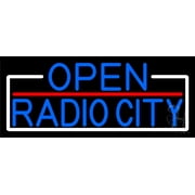 Blue Open Radio City With White Border LED Neon Sign 6 x 15 - inches, Clear Edge Cut Acrylic Backing, with Dimmer - Bright and Premium built indoor LED Neon Sign for Computer & Electronics store.