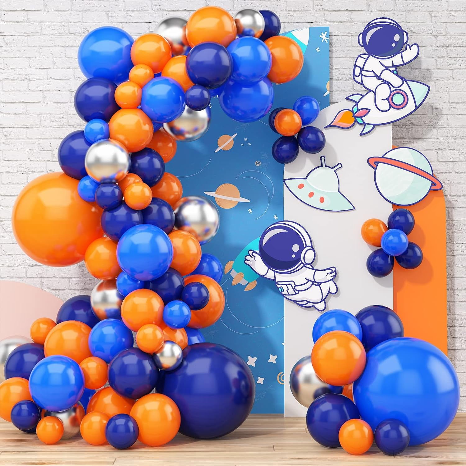 Blue and Orange Balloons Garland Arch Kit, Navy Blue Balloon Arch Kit, Blue Orange Silver Latex Balloons Party Balloons for Boy Space Party Birthday Baby Shower Graduation Anniversary Decorations