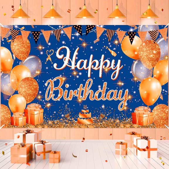Blue and Orange Birthday Beautiful Backdrop Banner Decorations Large Navy Blue Orange Happy Birthday Banner Sign Background Photography for Boys Girls Anniversary Party Supplies