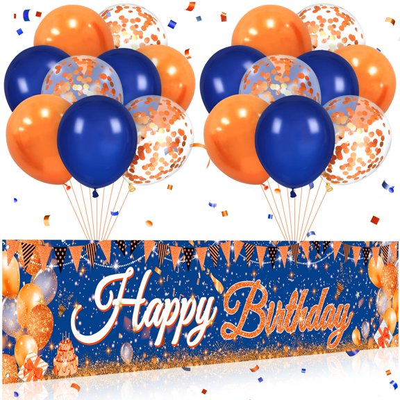 Blue & Orange Birthday Decorations - KKS118 Pc Balloons, Yard Sign & Photography Banner for Boys & Girls Birthday & Anniversary Parties