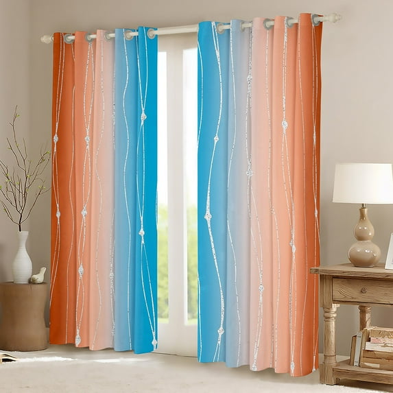 Blue and Orange 30%-50% Blackout Curtains Men Abstract Aesthetic Curtains & Drapes, Dot and Wave Line Curtains Gradient Ombre Black Out Curtains Watercolor Geometric Window Drapes Room Decoratives