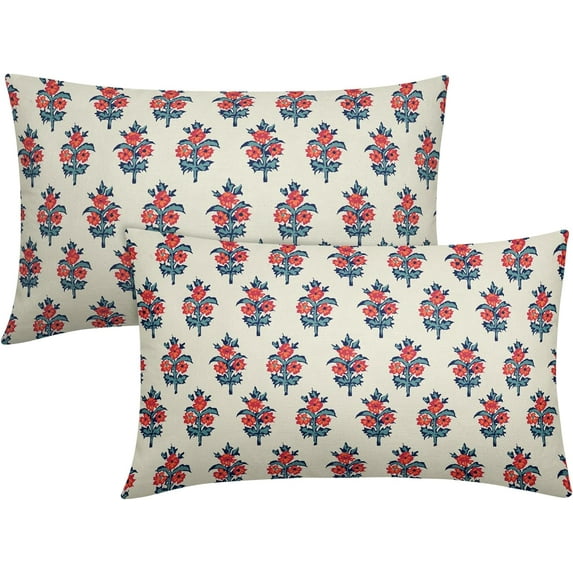 Blue Orange Burgundy Floral Lumbar Pillow Covers 12x20 Set of 2 Fall Flower Leaves Print Rectangle Decorative Throw Pillow Cases Outdoor Farmhouse Decoration for Sofa Couch Bed