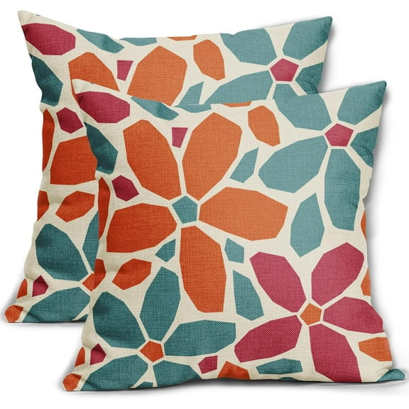 Blue Orange Burgundy Red Pillow Covers 18x18 Set of 2 Geometric Art Flower Print Decorative Outdoor Pillowcases Abstract Floral Farmhouse Throw Cushion Case Decor for Couch Sofa Bed