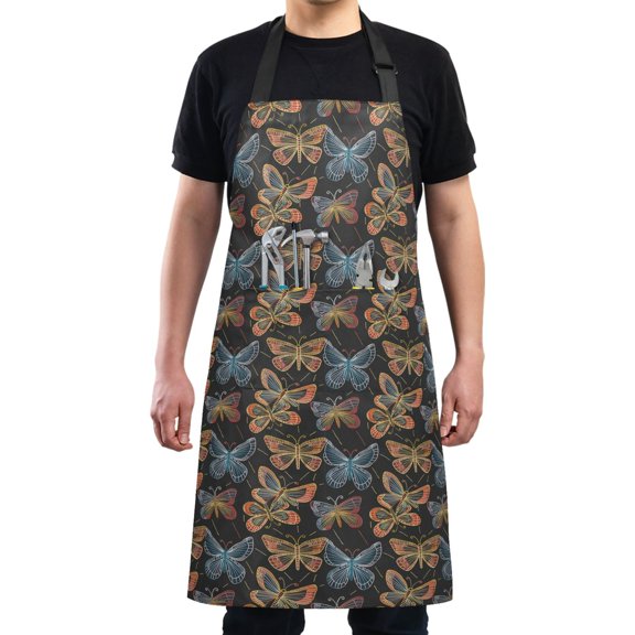 Blue Orange Butterflies Kitchen Apron with 2 Pockets Adjustable waterproof Cooking Aprons for Women Men Chef