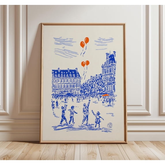 Blue Orange City Street Retro Travel Art Paris France Urban Scene Unframed Paper Print