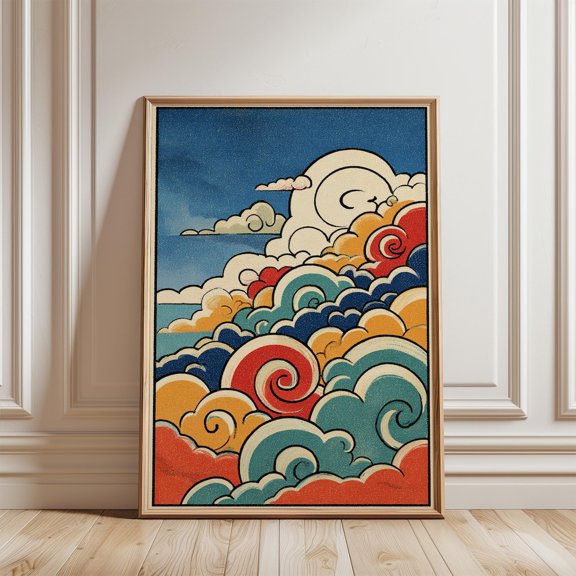 Blue Orange Cloud Stylised Swirling Sky Illustration Graphic Folk Art, Unframed Canvas 24x36in