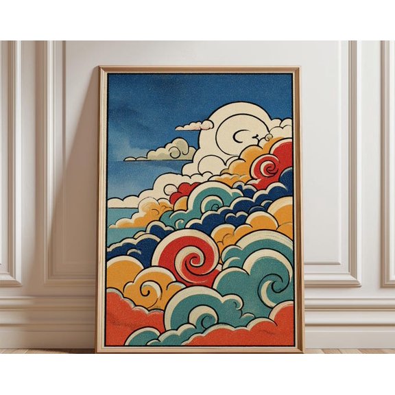 Blue Orange Cloud Stylised Swirling Sky Illustration Graphic Folk Wall Art, Unframed Paper Poster 24x36in