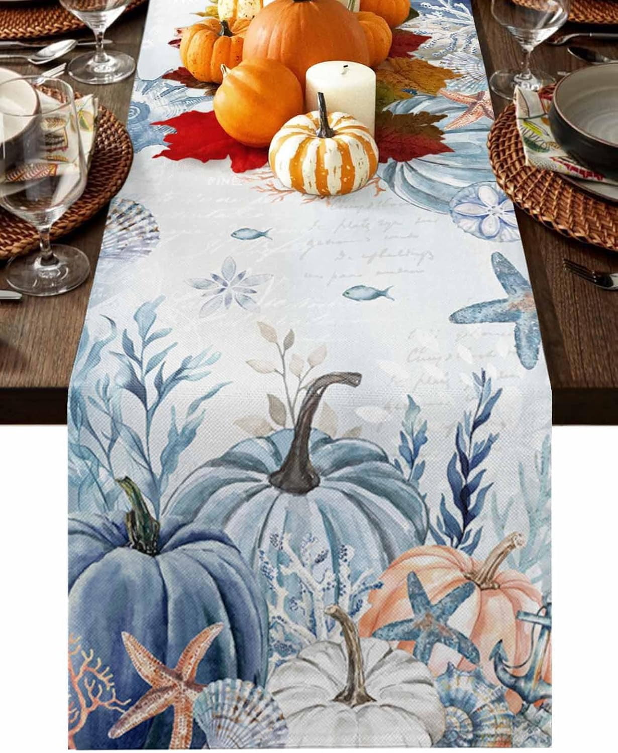 Blue Orange Coastal Fall Table Runner 72 Inches Long Farmhouse Dress ...