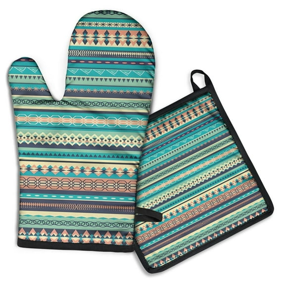 Blue and Orange Diamond Shaped Geometric Boho Pattern Kitchen Oven Mitt and Pot Holder Sets 2 Pcs for Baking, Cooking and Grilling, Heat Resistant Up To 392 °F