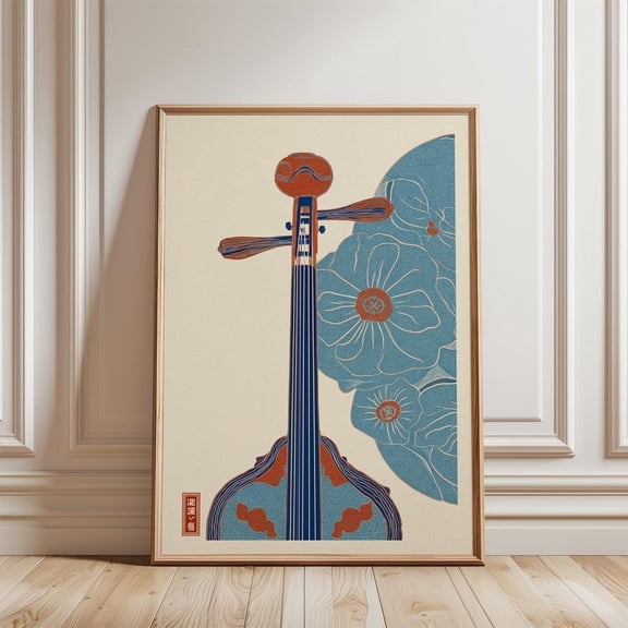 Blue Orange Erhu Floral Line Illustration Asian String Instrument, Unframed Paper Poster 8x10in