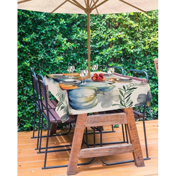 Blue Orange Fall Outdoor Tablecloth - 60x60 Inch Square Dining Table Cover, Thanksgiving Pumpkins Rustic Waterproof Outdoor Table Cloth with Umbrella Hole & Zipper for Picnic/Patio/Party