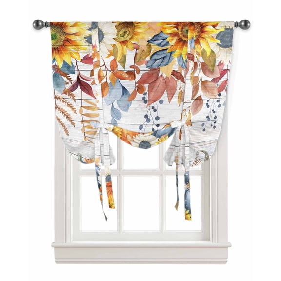 Blue Orange Fall Tie Up Curtains for Kitchen Bathroom Bedroom Windows 45 Inch Length, Thanksgiving Sunflower Maple Leaf Balloon Drape Curtains Shade Rod Pocket Drapery Curtain Panel, 42"x54"
