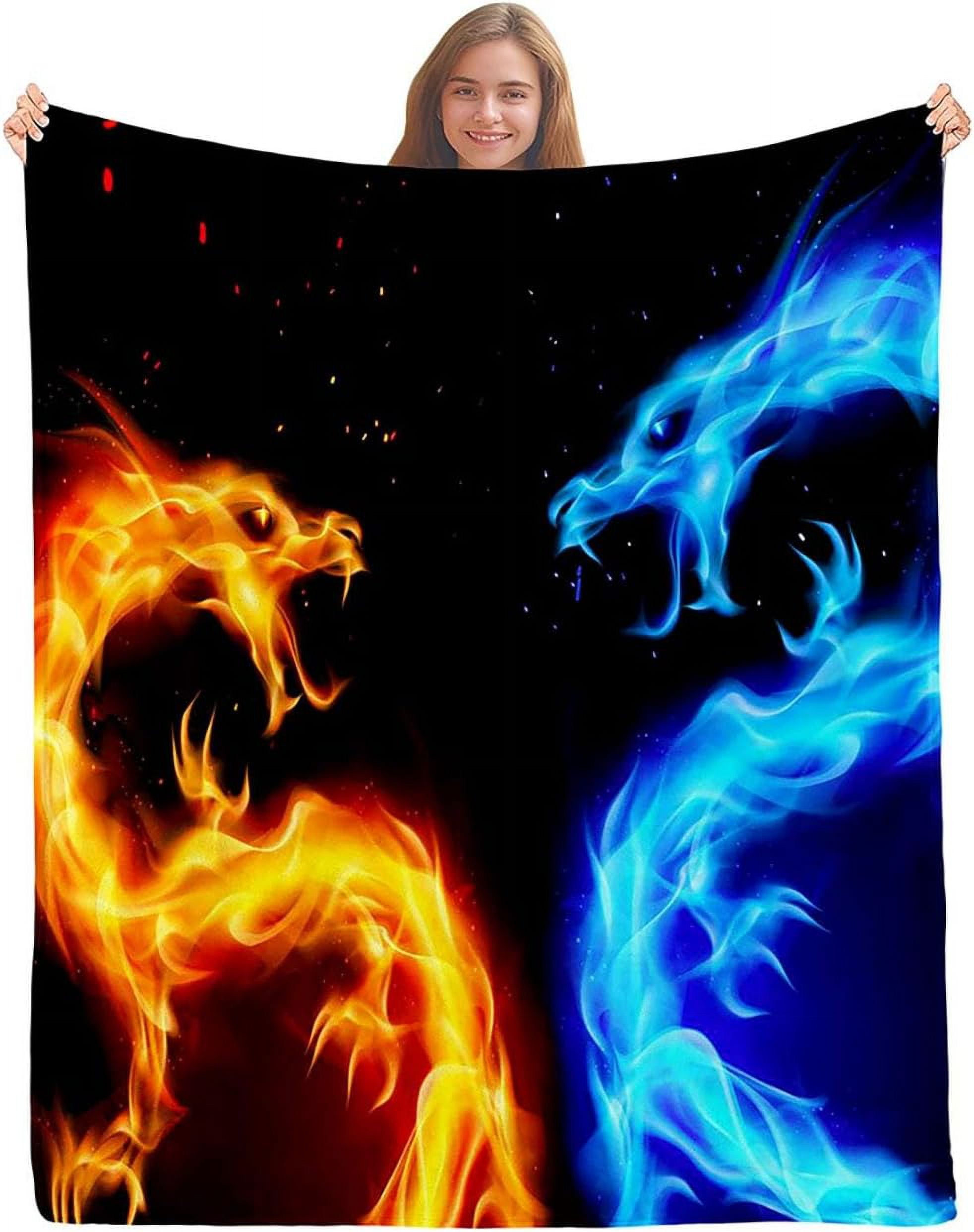 Blue Orange Fire Dragon Throw Blanket, Twin Blanket, Black Blanket