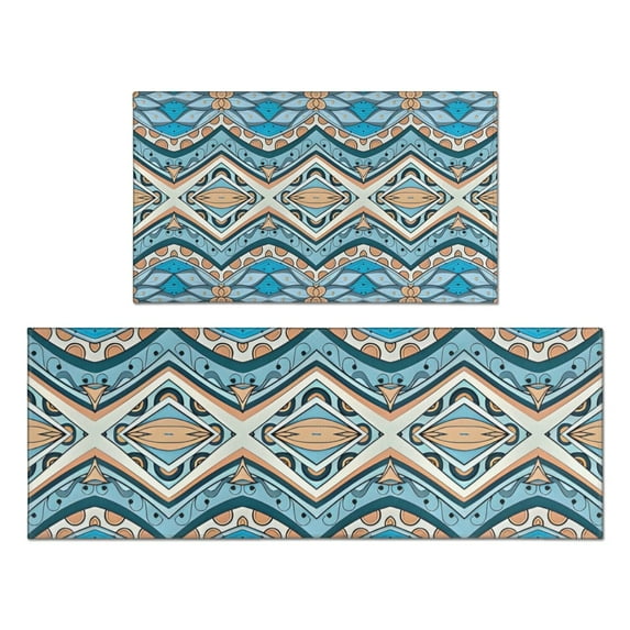 Blue and Orange Floral Boho Pattern Kitchen Rugs Sets Of 2,Anti Fatigue Kitchen Mat Rugs Non Slip Washable,Decorative Kitchen Floor Mats for Kitchen,Sink,Laundry,17"x30"+17"x47"