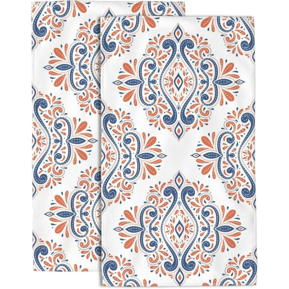 Blue and Orange Floral Hand Towels for Bathroom Set of 2 Vintage Paisley Hand Towels Soft Absorbent Decorative Hand Towels for Bathroom Kitchen Sports Gym Yoga Home Decor 14 x 28 in