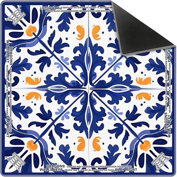 Blue and Orange Floral Mahjong Mat 31.5 x 31.5 in, Mediterranean Portuguese Azulejo Print Non-Slip Noise Reduction Gaming Mat for Table American Mahjong Poker Board Games Card Games Dominoes
