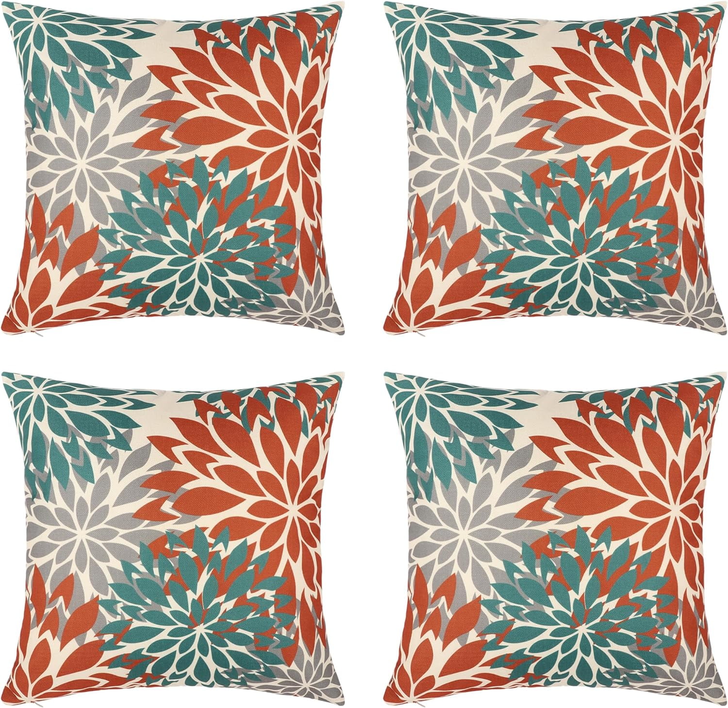 Blue and Orange Floral Throw Pillow Covers 20x20 inch Set of 4 Outdoor and Indoor Farmhouse Decorative Linen Pillow Cover for Patio Garden Living Room Bed Sofa