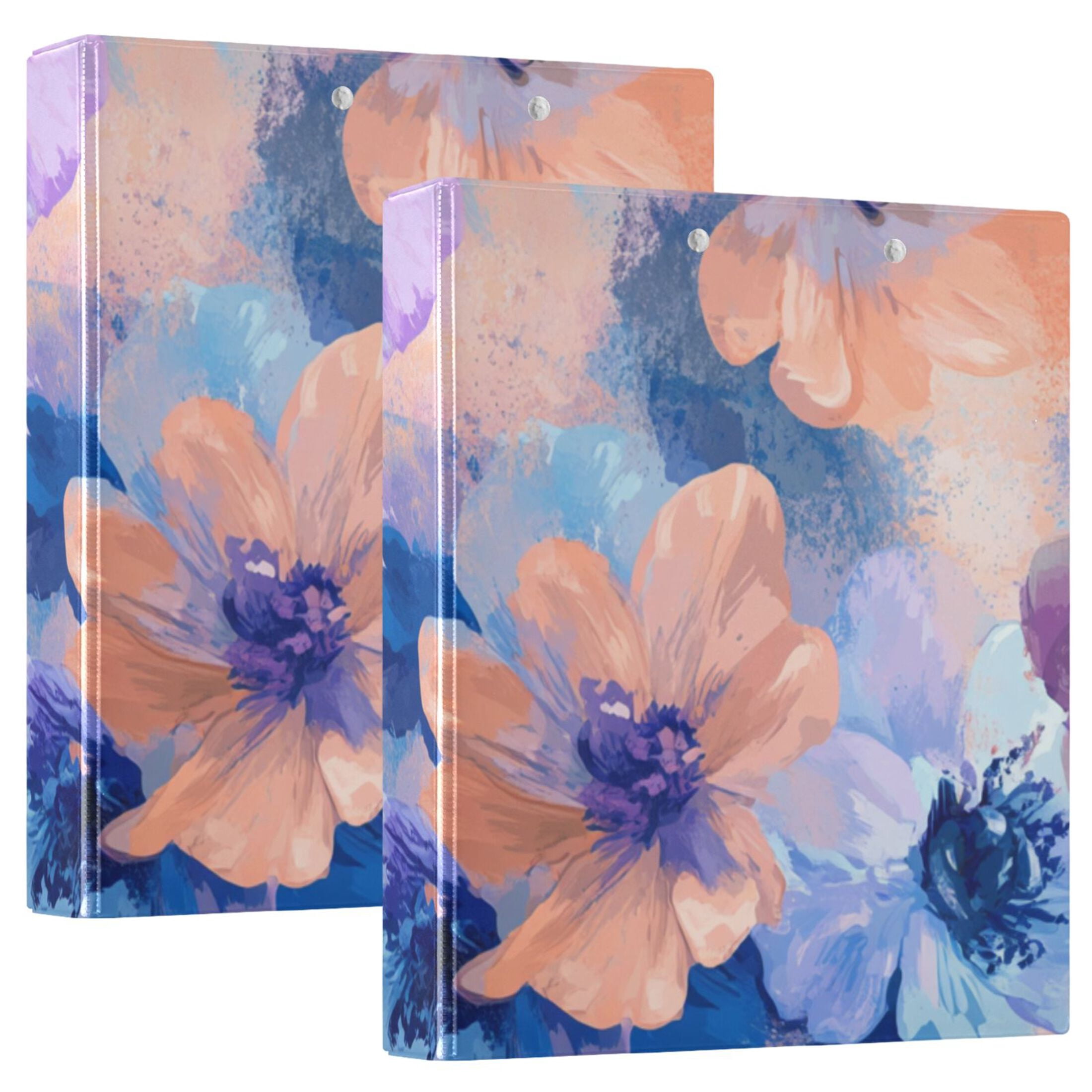 Blue Orange Flowers 3 Ring Binders 1.5 inch Hardcover File Folders with Interior Pockets A4 Size Organizer for School Office Hospital
