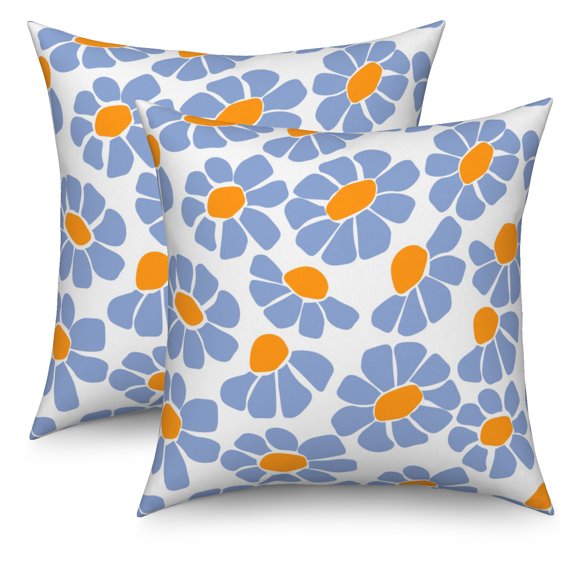 Blue Orange Flowers Throw Pillow Cover Set of 2 Rustic Country Linen Decoration Pillowcase for Home Couch Sofa Bed,16x16 Inch