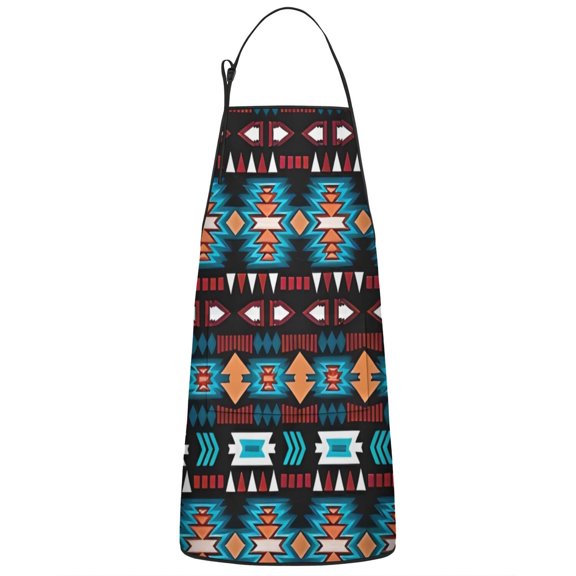 Blue and Orange Geometric Boho Pattern Apron-Garden Aprons for Women with Pockets-Cotton Linen Waterproof Kitchen Cooking Gardening Aprons Adjustable for Kitchen,Cooking,BBQ and Salon 33x27 Inch