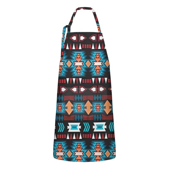 Blue and Orange Geometric Boho Pattern Apron-Garden Aprons for Women with Pockets-Cotton Linen Waterproof Kitchen Cooking Gardening Aprons Adjustable for Kitchen,Cooking,BBQ and Salon 33x27 Inch