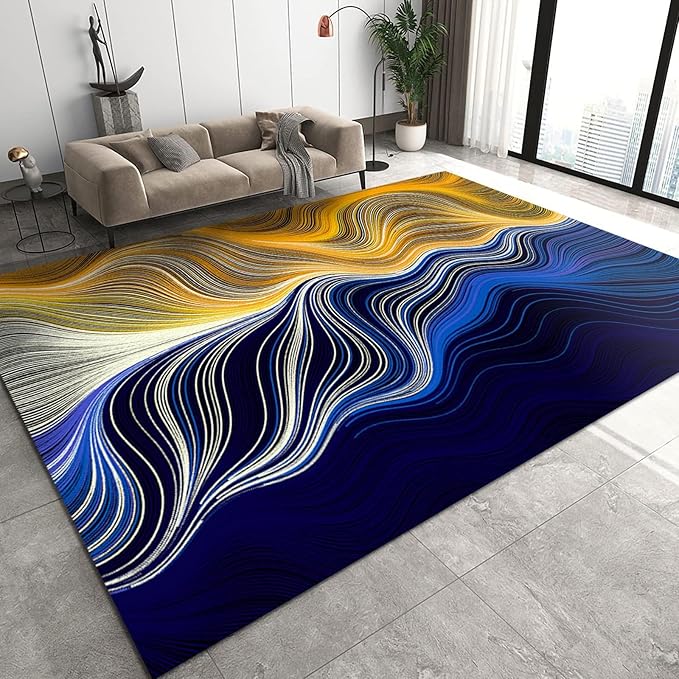 Blue Orange Geometric Colored Lines Area Rug, Abstract Irregular Water