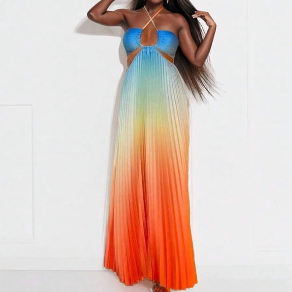 Blue-Orange Gradient Halter Neck Hollow Out Pleated Maxi Dress For Women