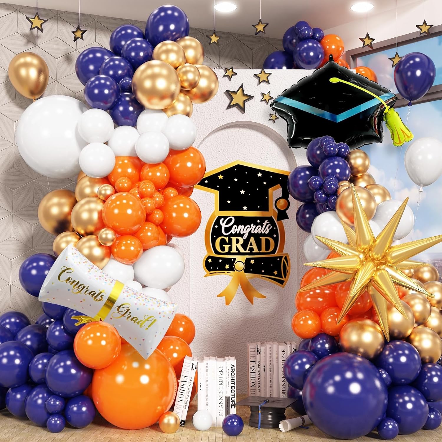 Blue and Orange Graduation Balloons Arch Garland Kit, 115 Pcs Navy Dark