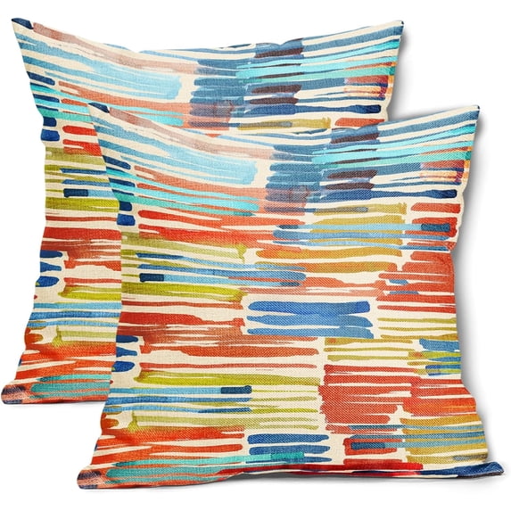 Blue Orange Green Colorful Stripe Pillow Covers 18X18 in Set of 2 Abstract Mid Century Throw Pillow Cases Summer Multicolor Outdoor Pillow Covers Modern Home Decor for Couch Patio Furniture Porch
