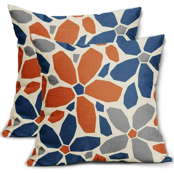 Blue Orange Grey Gray Pillow Covers 18x18 Set of 2 Geometric Art Flower Print Decorative Outdoor Pillowcases Abstract Floral Farmhouse Throw Cushion Case Decor for Couch Sofa Bed