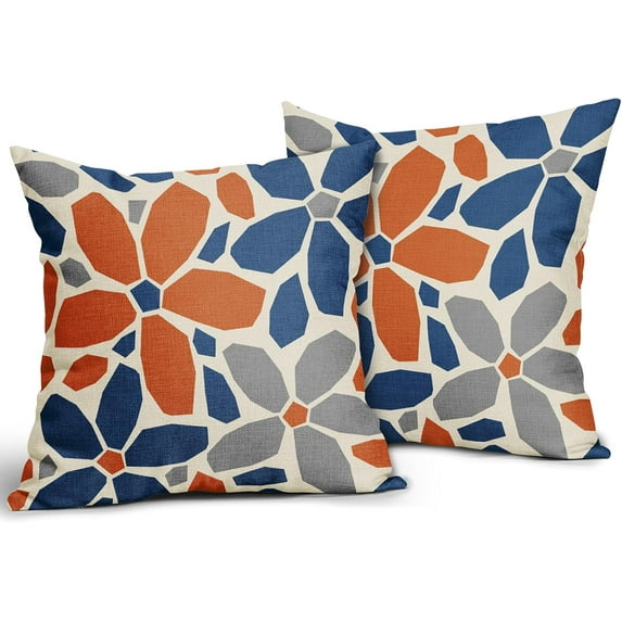 Blue Orange Grey Gray Pillow Covers 20x20 Set of 2 Geometric Art Flower Print Decorative Outdoor Pillowcases Abstract Floral Farmhouse Throw Cushion Case Decor for Couch Sofa Bed