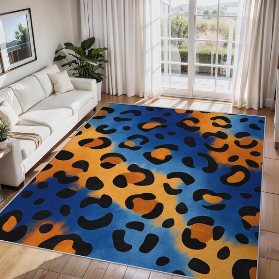 Blue Orange Leopard Print Area Rug, Animal Cheetah Pattern Indoor Carpet, Washable Non Slip Low Pile Soft Thin Rug for Living Room Bedroom Home Decor Mat 2x3ft