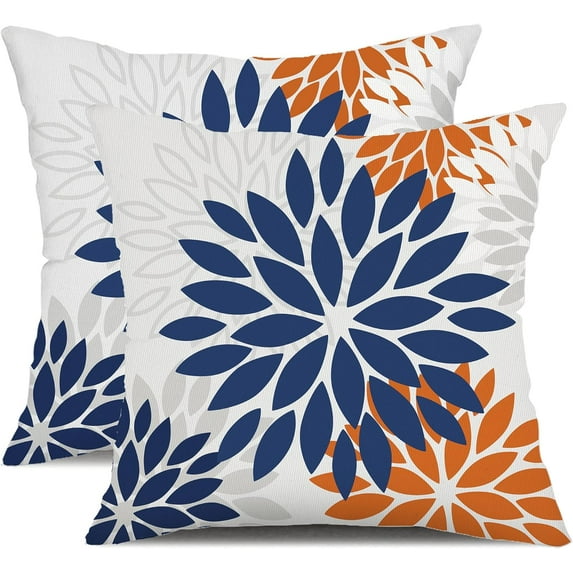 Blue Orange Outdoor Flower Pillow Covers 16x16 Inch Set of 2 White Colored Throw Pillows Outdoor Waterproof Decor for Living Room Sofa Patio Funiture Garden Floral Polyester pillow covers 002C16