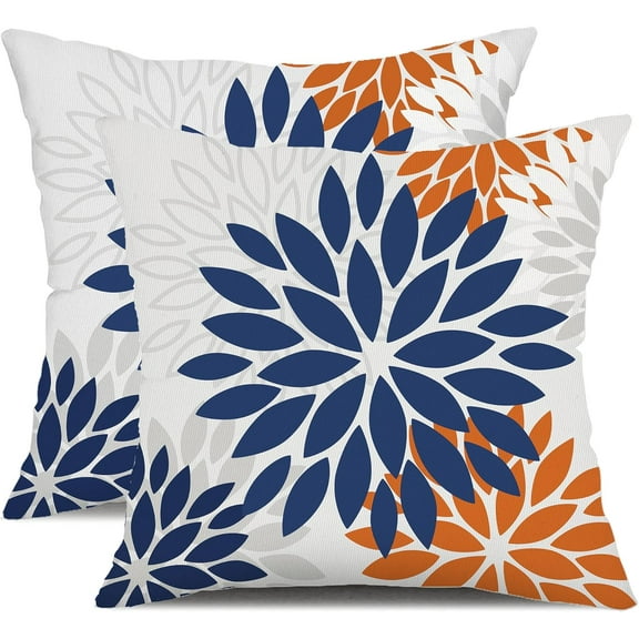 Blue Orange Outdoor Flower Pillow Covers 16x16 Inch Set of 2 White Colored Throw Pillows Outdoor Waterproof Decor for Living Room Sofa Patio Funiture Garden Floral Polyester pillow covers 002C16