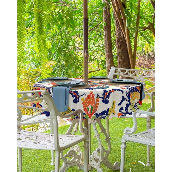 Blue Orange Outdoor Tablecloth - 60 Inch Round Dining Table Cover, Ethnic Floral Boho Vintage Abstract Waterproof Outdoor Table Cloth with Umbrella Hole & Zipper for Picnic/Patio/Party
