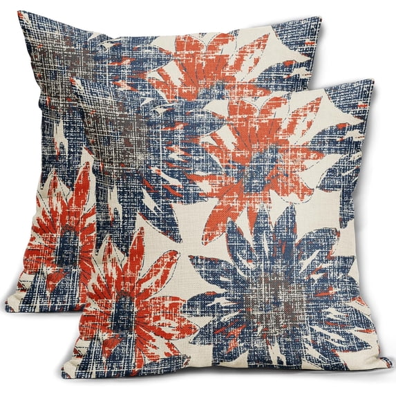 Blue Orange Pillow Covers 16x16 Set of 2 Retro Sunflower Flowers Print Decorative Throw Pillows Outdoor Modern Art Floral Pillowcase Square Linen Cushion Case for Home Sofa Couch Bed