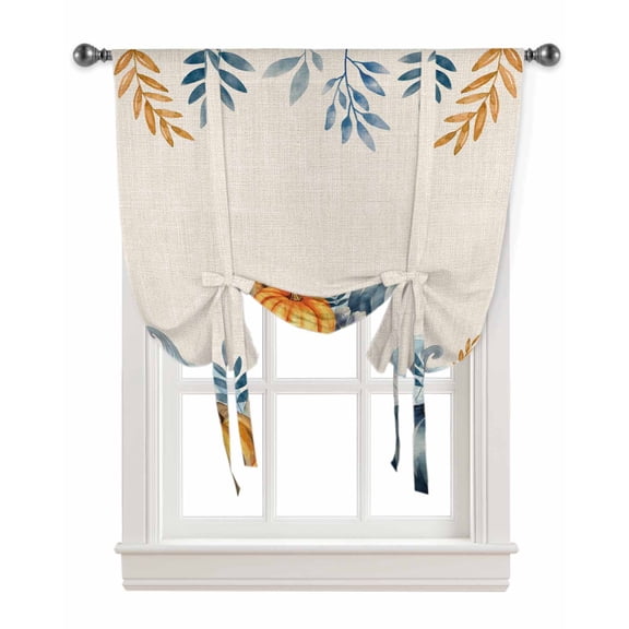 Blue Orange Pumpkins Fall Tie Up Curtains for Kitchen Bathroom Bedroom Windows 63 Inch Length, Thanksgiving Maple Leaf Weeping Balloon Drape Curtains Shade Rod Pocket Drapery Curtain Panel, 52"x45"